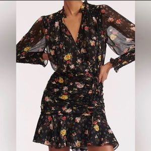 Veronica Beard silk black and rose floral ruched and ruffled dress Size 10